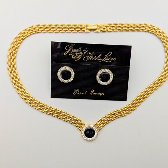 Vintage Jewels by Park Lane- Gold Tone Necklace & earrings Set- w/ Blk & crystal - Picture 3 of 4
